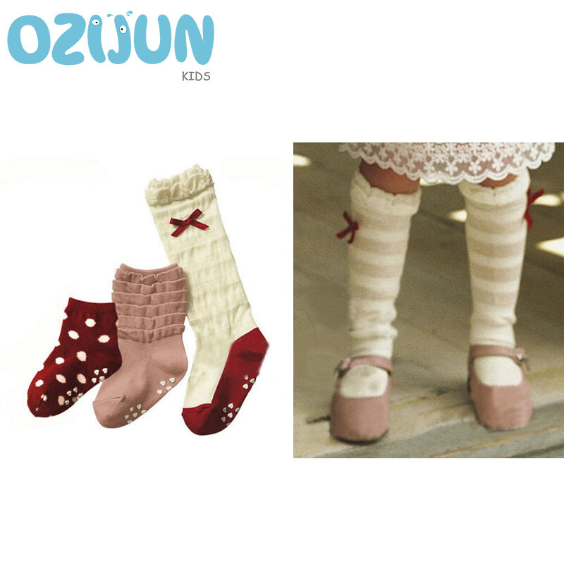 Calcetines hasta la rodilla para niños y niñas, medias de tubo de malla con patrón de pajarita y puntos rojos, de 2 a 3/3 a 5 años, 3 par/lote