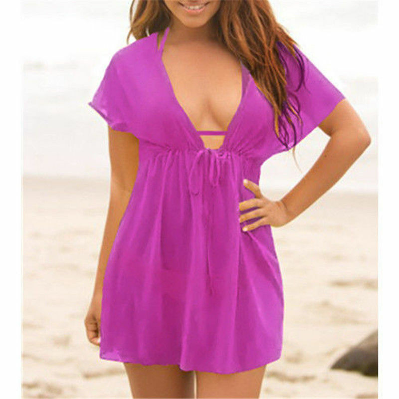 Летнее женское шифоновое пляжное платье-накидка, женское платье с V-образным вырезом, накидка на бикини, пляжный саронг