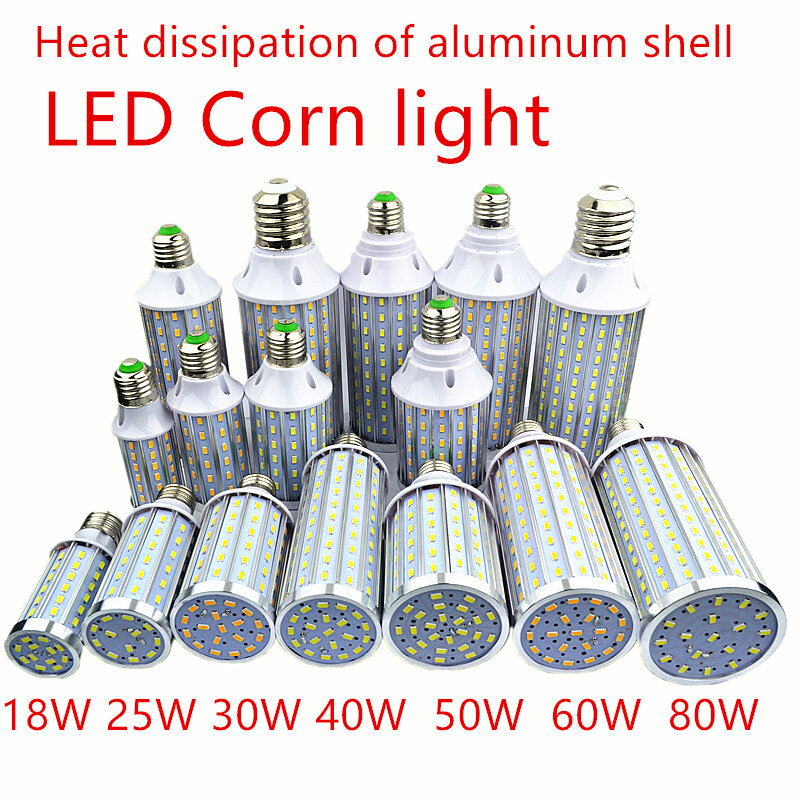 Lâmpada LED Alumínio Shell Lamp, Lâmpada de rua, Branco fresco e quente, Corn Light, 18W, 25W, 30W, 40W, 50W, 60W, 80W, 100W, 220V, E14, E26, E27, E39, E40