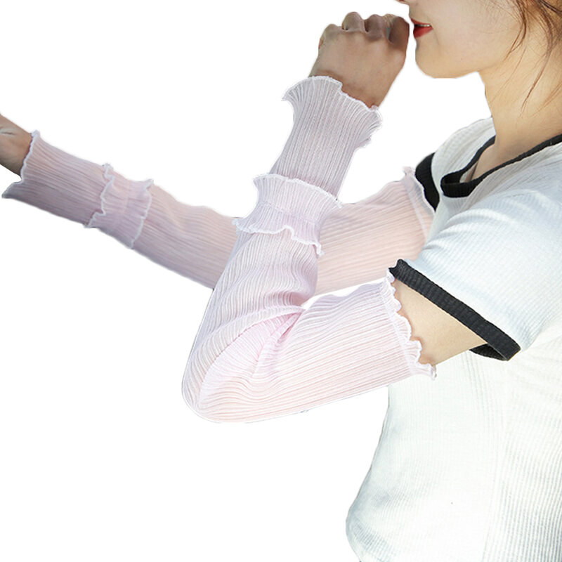 여성용 플리츠 원사 암 워머, 긴 통기성 자외선 차단, 운전용 암 슬리브, 손가락없는 장갑, 섹시한 레이스 장갑, 단색 흰색