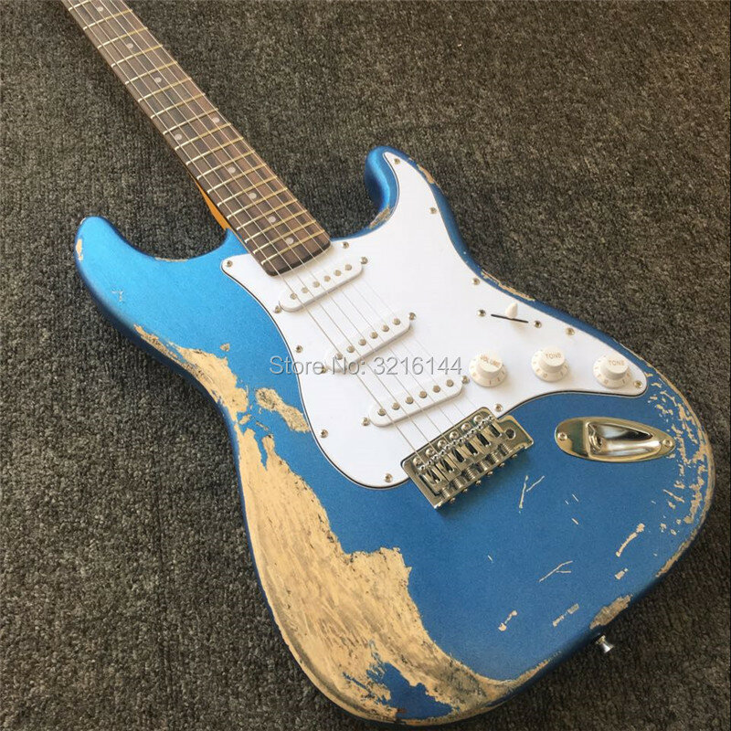 Kho hàng tồn kho cổ relic electric guitar, Cổ vintage electric guitar, hình ảnh thực tế, bán buôn và bán lẻ, kim loại màu xanh