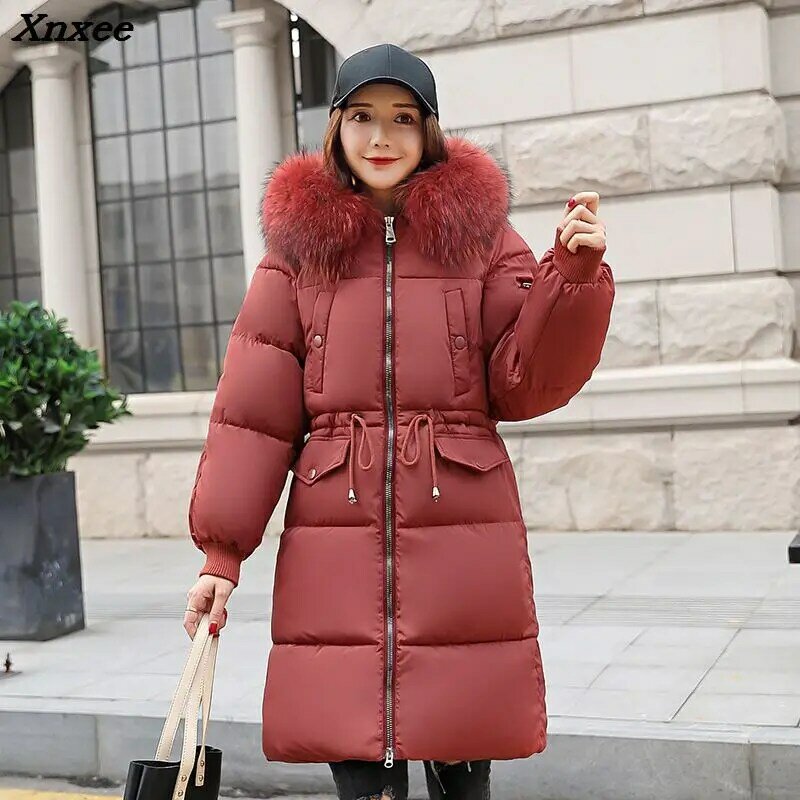 Parka larga De algodón con cuello De piel para Mujer, abrigo grueso con capucha, chaqueta De invierno, ropa femenina De invierno, 2018