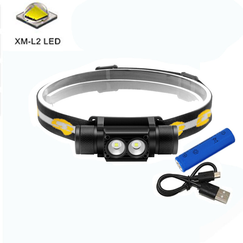 USB 2000 Lumen 2x XM-L2 LED Farol Lanterna de Luz Cabeça Da Tocha Farol Lanterna Para Acampamento Ao Ar Livre + 18650 Bateria + cabo