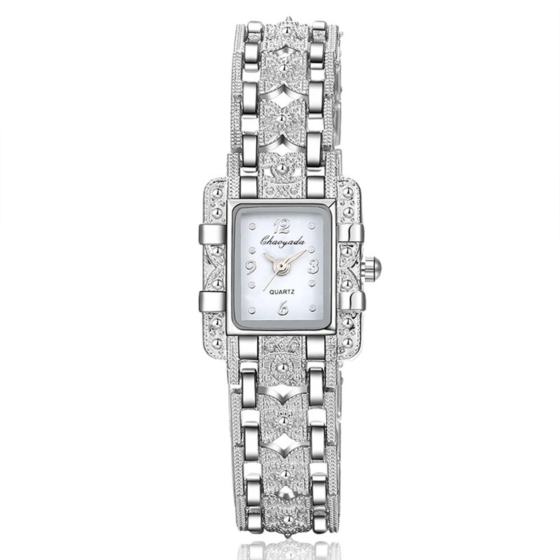 Relógio de quartzo de cristal de aço inoxidável para mulheres, mostrador retangular, moda relógios para senhoras, venda quente, prata