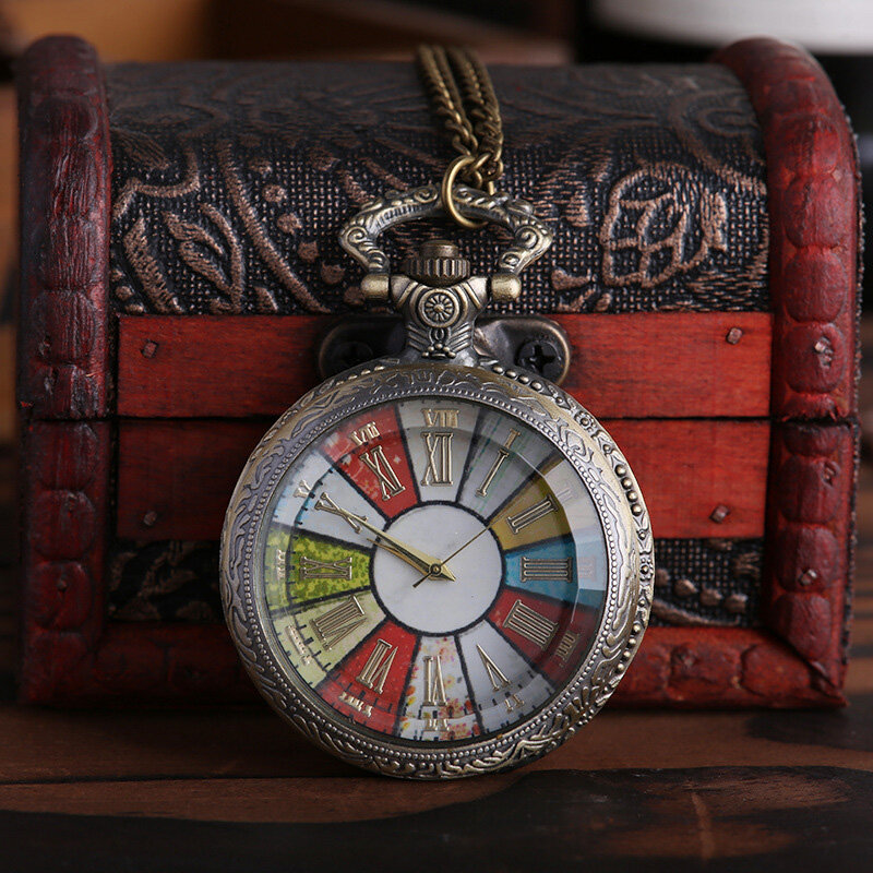 Ретро римские цифры Бронзовый красочный циферблат кварцевые карманные часы ожерелье кулон