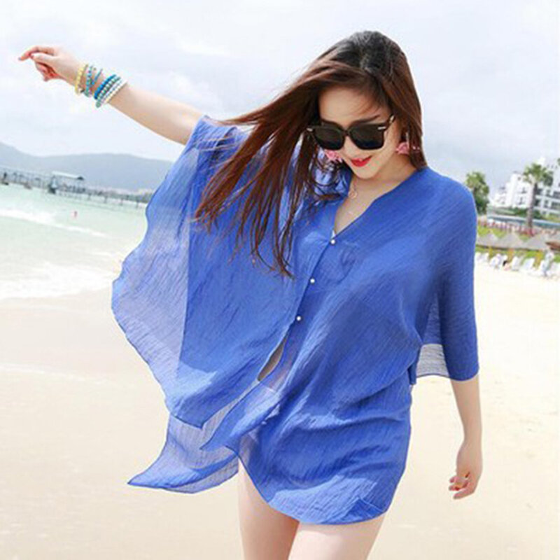 Musim Panas Kemeja Sifon Sunscreen Beach Bloues Wanita Kasual Baju Menutupi Atasan Cardigan Perspektif Blus Wanita 5 Warna