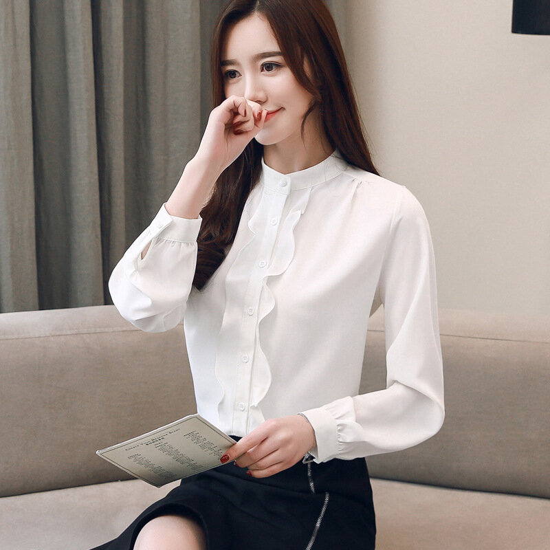 ฤดูใบไม้ผลิใหม่เสื้อชีฟองหญิงเกาหลีสีบริสุทธิ์ Stand Collar เสื้อสำนักงานสุภาพสตรี Ruffled อารมณ์เสื้อแขนยาว H9143