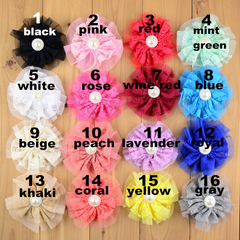 16 pcs/lot , Lace and Tulle Flower with a Pearl Center