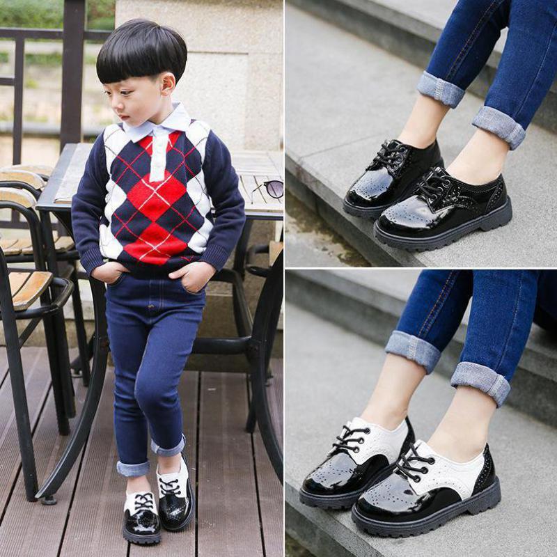 Dziecięce buty ze skóry lakierowanej dziewczynek buty dla małego dziecka dzieci moda chłopcy szkoła Oxford buty platforma czarne mieszkania wiosna jesień