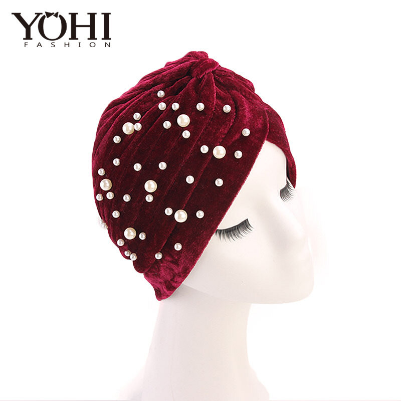 Nowa aksamitna indyjski kapelusz retro modny kapelusz perły koraliki zimowe ciepłe Turban Cross indie Cap dla kobiet hidżab kobiety Turbante