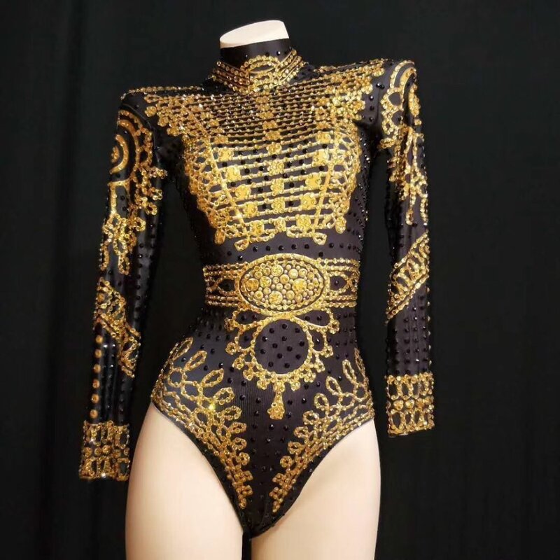 Maiô feminino dourado com strass, traje feminino sexy de manga longa com malha de alta elasticidade, para dança em palcos, bodysuit