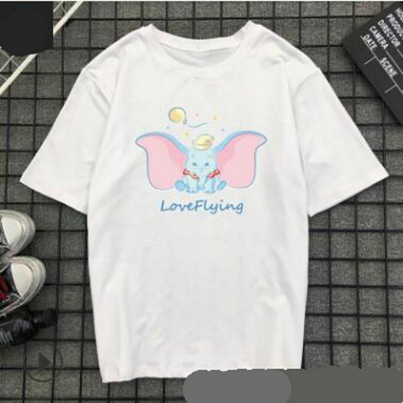 Qrxiaer 만화 덤보 셔츠 귀여운 비행 코끼리 여자 여자 커플 아이 티셔츠 루즈 탑 티셔츠 여성을위한 여름 가을 셔츠