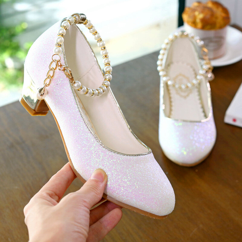 Spring Autumn Children's Party Leather Shoes Princess Girls Dance Dress Shoes White Pink Fashion Kids Student High-heeled shoes