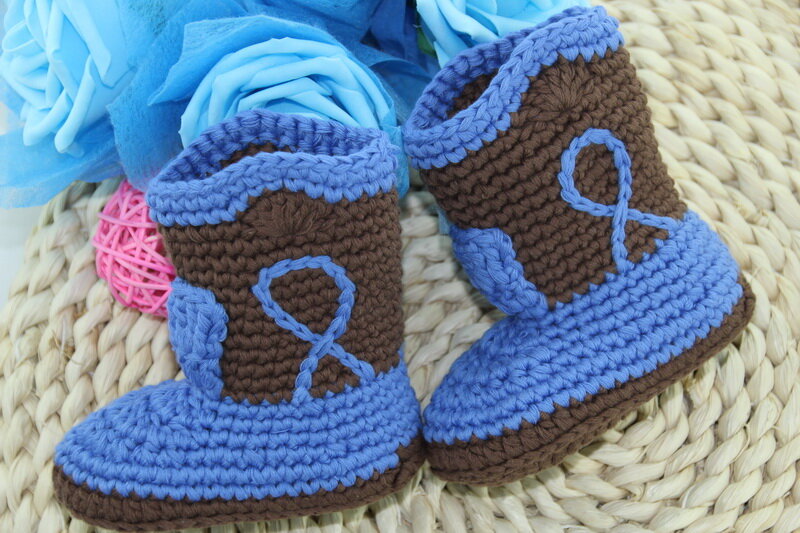 Pengiriman Gratis, Sepatu Bot Koboi Bayi Rajutan Buatan Tangan Lucu Alat Peraga Foto Baru Lahir-Coklat/Biru