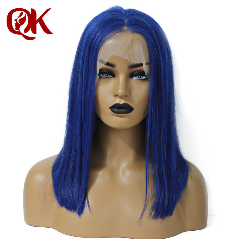 Queenking Hair 250% Density Blue Color Short Human Hair Bob Wigs Lace Front with Natural plucked hairline Brazilian Remy Hair