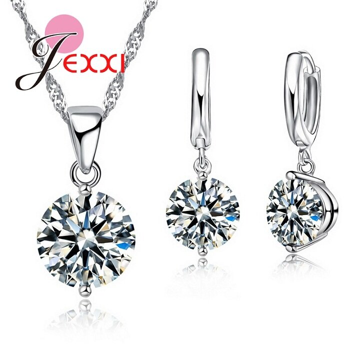 Charm 925 Sterling Silver Jewelry Sets 8 Colors Cubic Zircon Pendant Set Anniversary Earrings Necklace Accessories