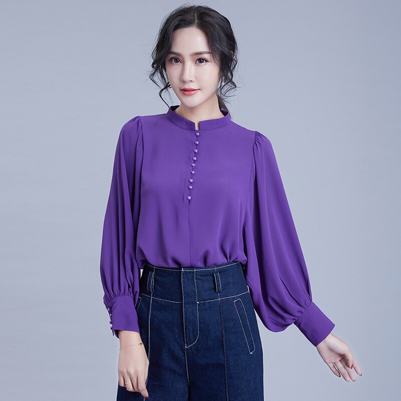 Blusa Coreana de Color liso para mujer, camisa con botones laterales, manga Globo, ropa de trabajo, Tops de verano, DD2134, 2019