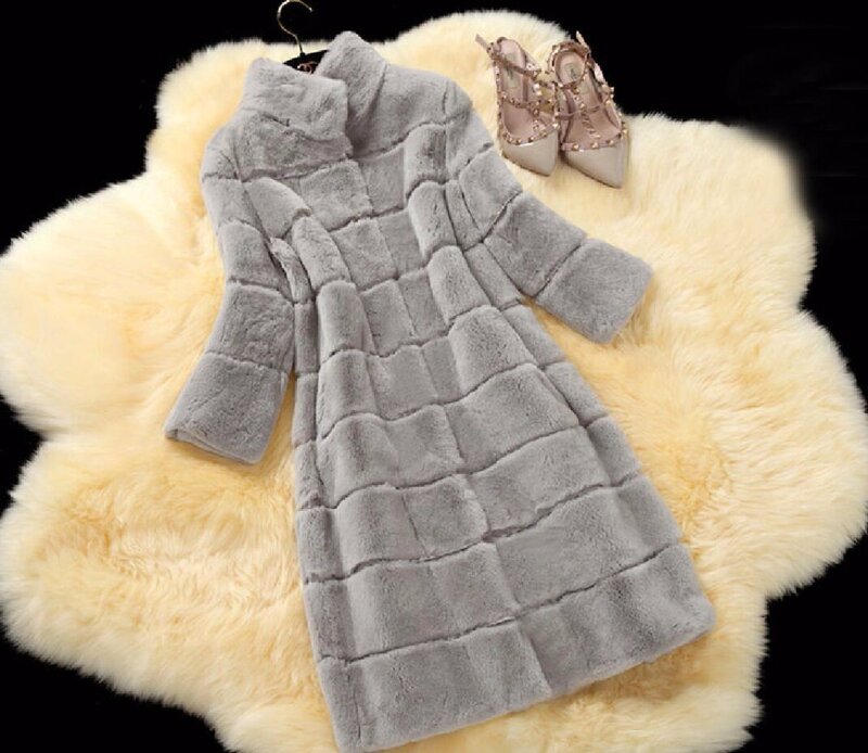 Женское длинное зимнее пальто из натурального меха кролика Рекс, 11 цветов
