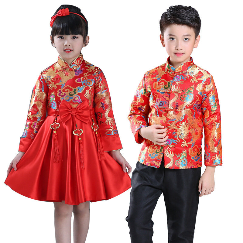 فستان صيني للأطفال من سلالة تانغ ، ملابس صينية تقليدية ، جاكيت وسروال ، ملابس للأولاد والبنات