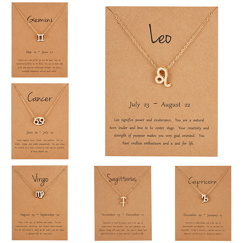 Colliers élégants en forme d'étoile du zodiaque pour femmes, 12 constellations, pendentif de couleur or, chaîne ras du cou pour femmes, bijoux en carton