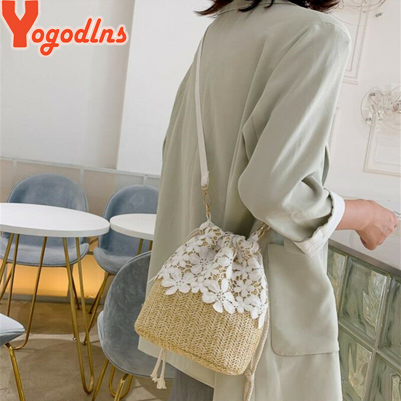 Yogodlns Summer Small Straw Bucket Shoulder Bag Lace Flower Leaf Decors Handmade Chic Handbags Women Messenger Crossbody Bags