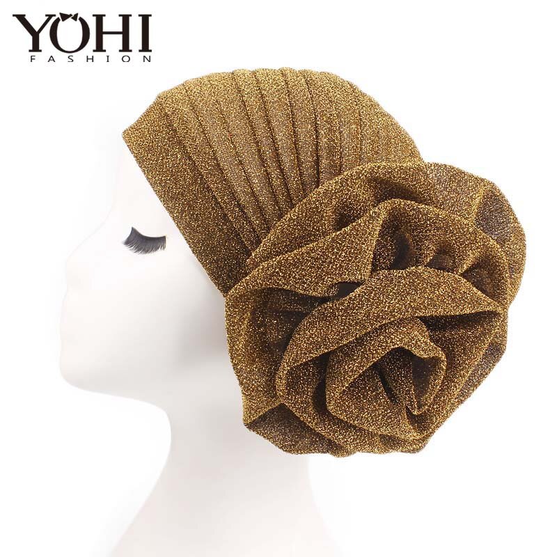 New Fashion muslim hat with flower Beanie caps Shimmer Sparkly Turban Hats Hijab cap large bright silk turban hat Indian hat
