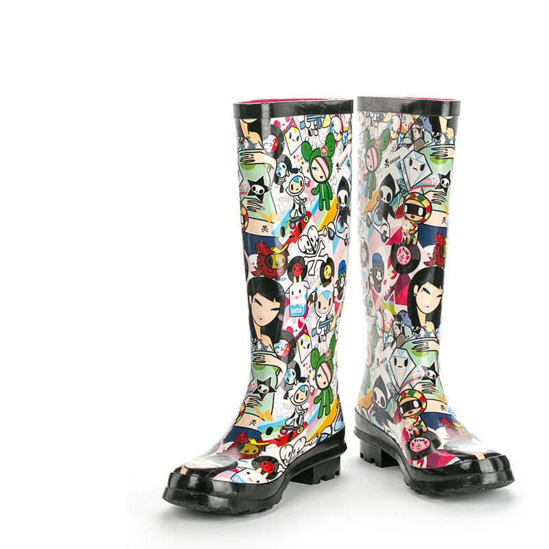CuddlyIIPanda New Hand-painted Cartoon Rain boots Waterproof Women Knee High Boots Cute Kawaii Buckle Strap Botas Feminina