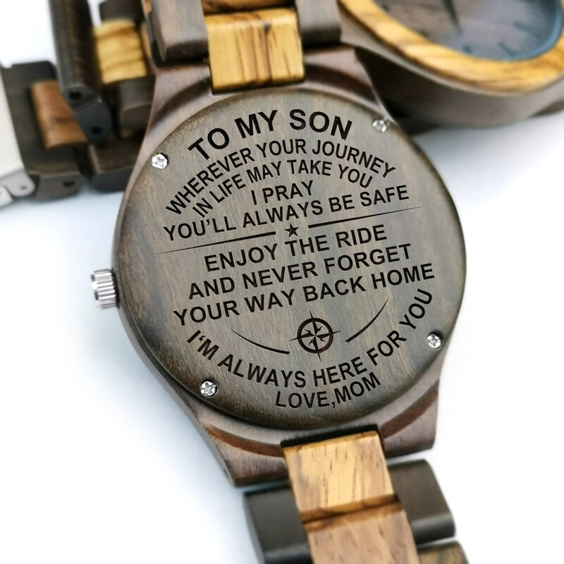 FROM MOM TO SON ENGRAVED WOODEN WATCH ENJOY THE RIDE AND NEVER FORGET YOUR WAY BACK HOME