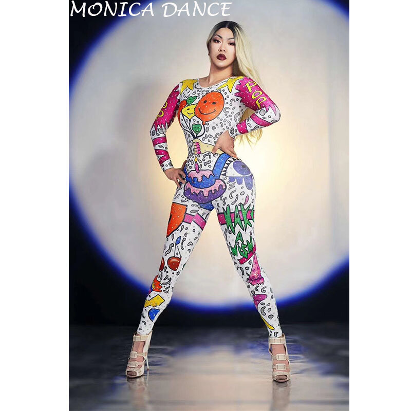 Macacão feminino com estampa de desenho animado, roupa para festa, cantoras, dança, palco, body, formatura