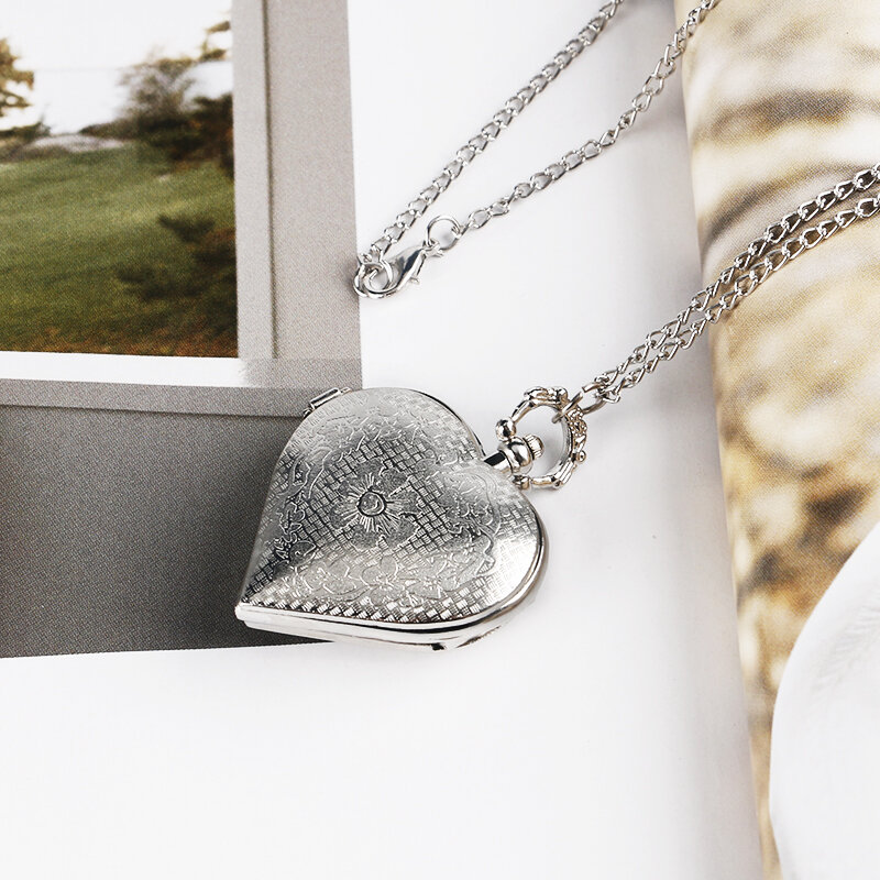 Fashion Silver Heart Shaped Lovely Hollow Elegant Quartz Pocket Watch Necklace Pendant for Women Ladies Girl Birthday Gifts 2022