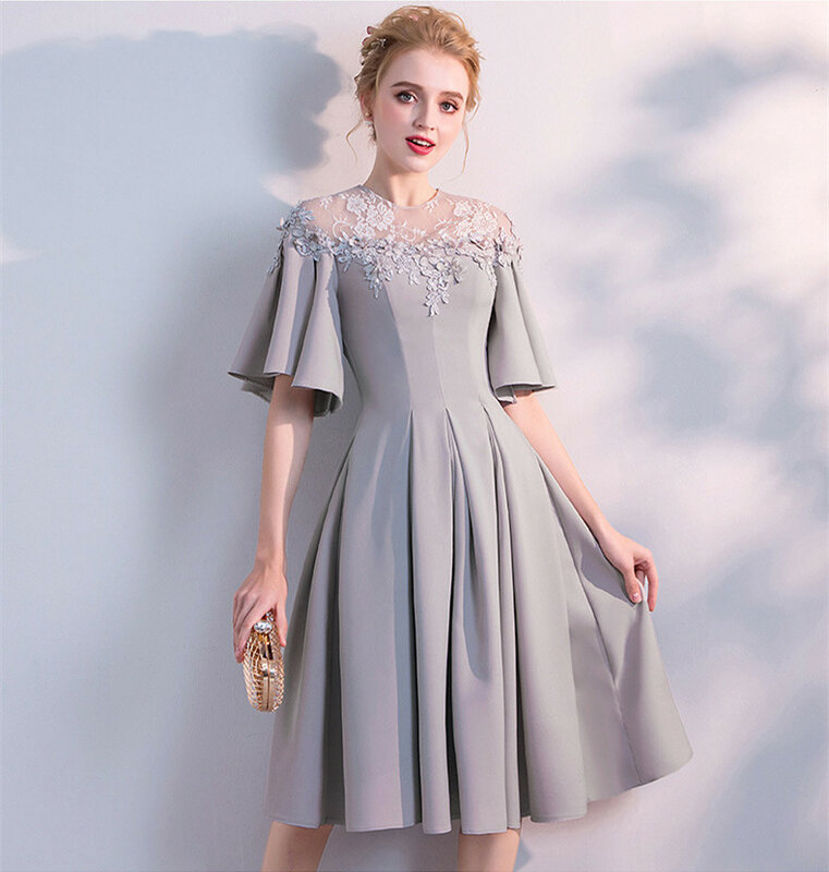 JaneVini eleganckie krótkie szare Prom sukienka Puffy krótkie rękawy linii koronkowe aplikacje zroszony Illusion powrót Satin formalne sukienki na imprezę