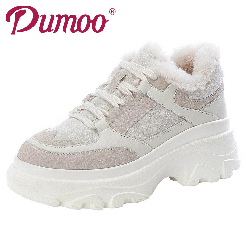Dumoo femmes espadrilles décontractées hiver baskets en peluche fourrure chaude femmes chaussures plate-forme talon 5cm blanc chaussures femmes Zapatillas Mujer