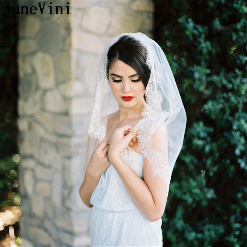 Janevini véu de noiva estilo ocidental, pente com uma camada, borda de renda, curto, macio, tule, véu de casamento