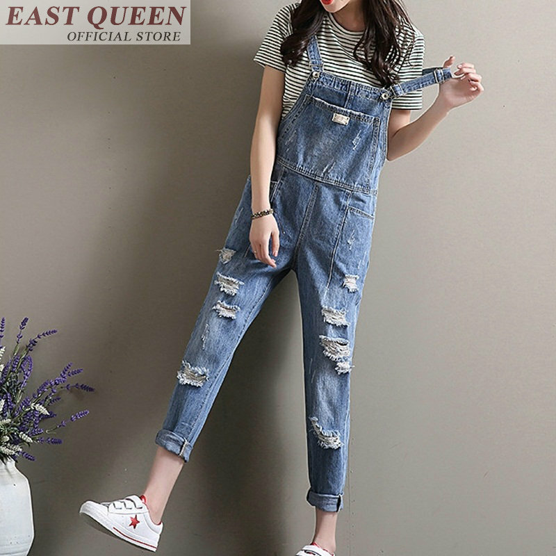 Women's jumpsuits 2018 ankle-length pants solid business overalls pockets straight ripped female denim rompers DD681 L