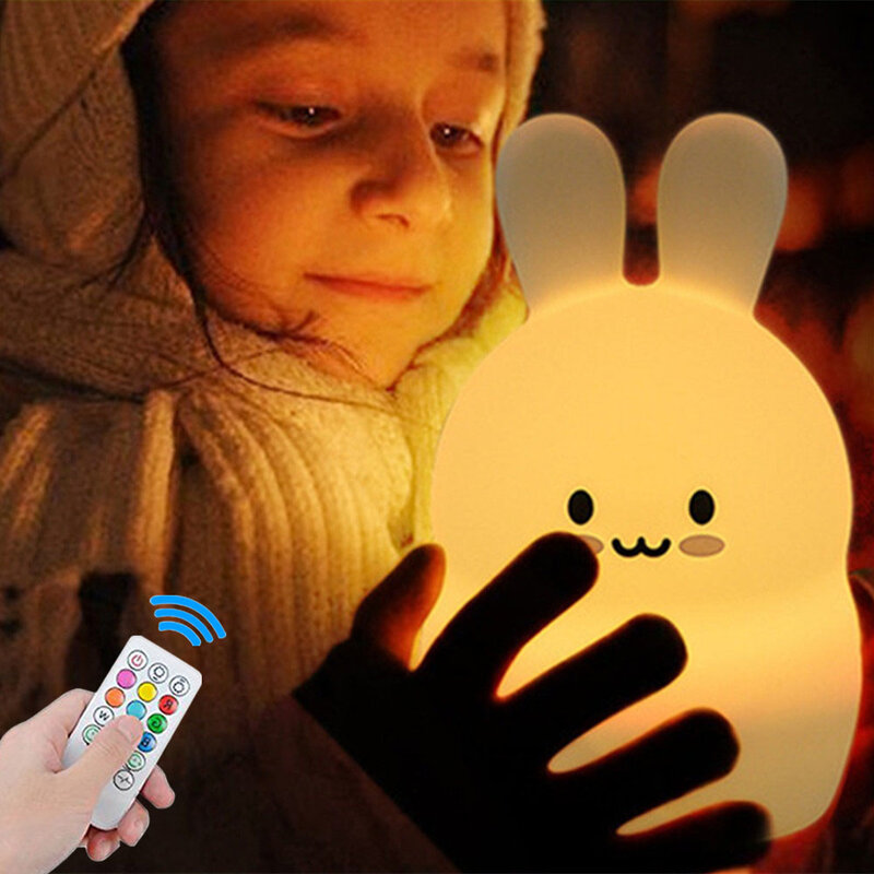 シリコンウサギ型LEDナイトライト,タッチセンサー付き,リモコン,9色,調光可能タイマー,充電式,子供と赤ちゃんへの理想的なギフト