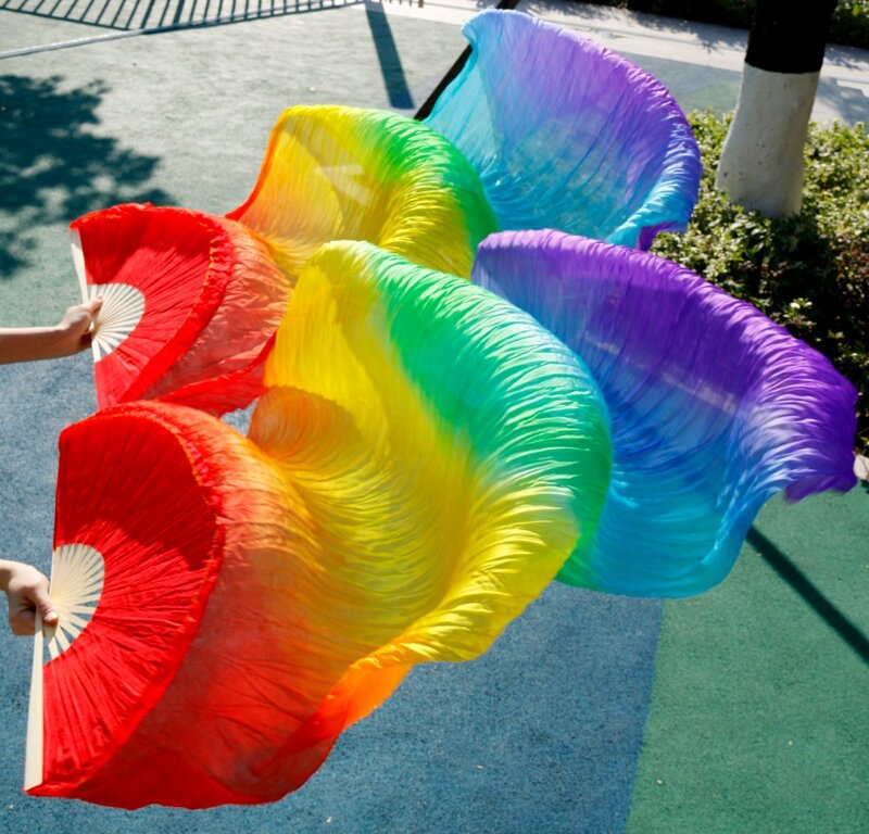 2018 venda quente feminino 100% real seda dança do ventre ventilador véus de fãs de dança do ventre cor arco-íris (2 peças)