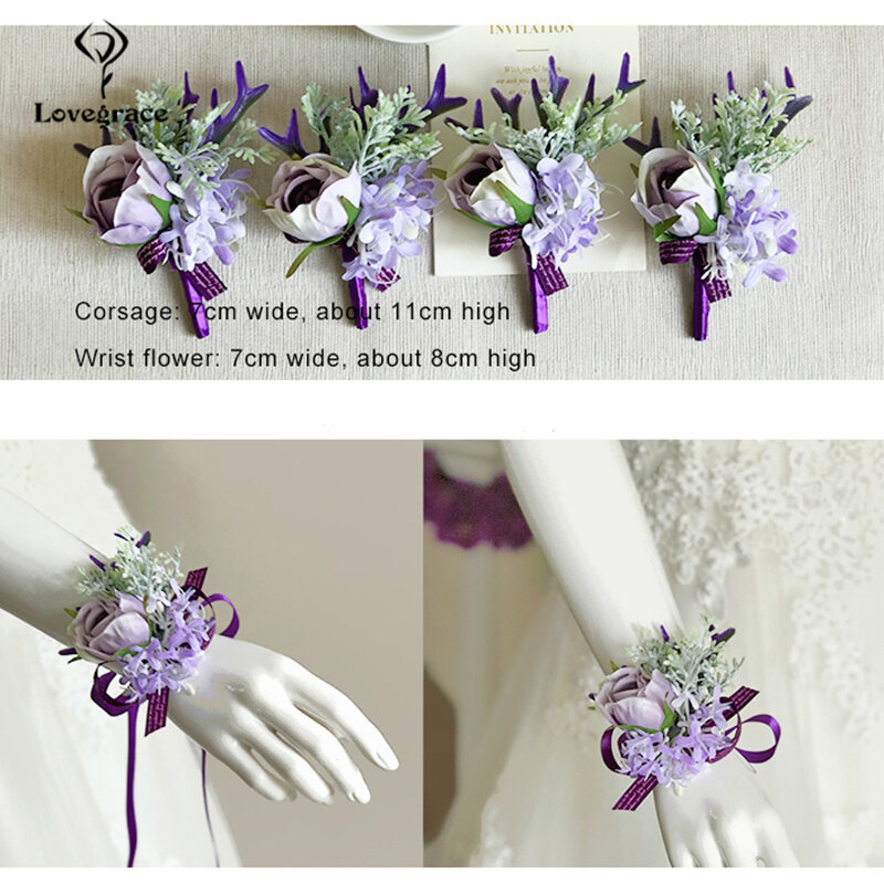 Lovegrace pulseiras ornamentais, bracelete corsage, madrinhas e outras ocasiões, broche de lapela com flor artificial, moda masculina para casamento