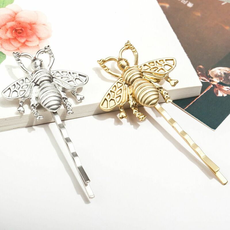 Retro Fashion Style Girl Hairpin Delicate Silver Golden Bee Leaf Hairpin Side Clip Bangs Clip One Word Clip Hairpin Decoration