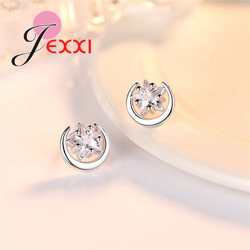 Shiny 925 Silver Needle Earring For Women Top Quality Female Women Casual Accessories Shiny Crystal Ster Moon Gifts Retail