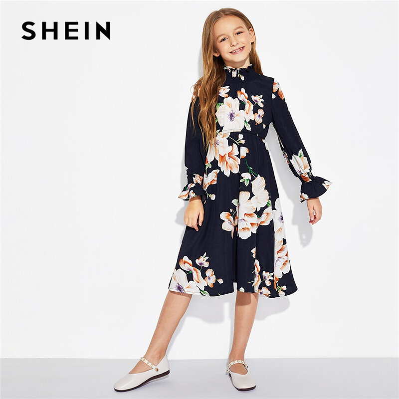 SHEIN Mädchen Floral Print Stehkragen Elegante Kleid Kinder Kleidung 2019 Frühling Koreanische Lange Hülse EINE Linie Casual Kleider