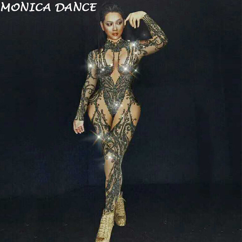 Combinaison Sexy de scène noire et chair avec strass, Leggings, tenue de Bar, de discothèque, de bal, de spectacle