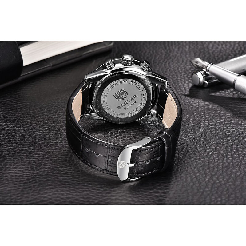 Benyar Men's Top Brand Luxury Leather Men's Waterproof Multifunction Quartz Movement Chronograph Calendar Men's Wristwatches