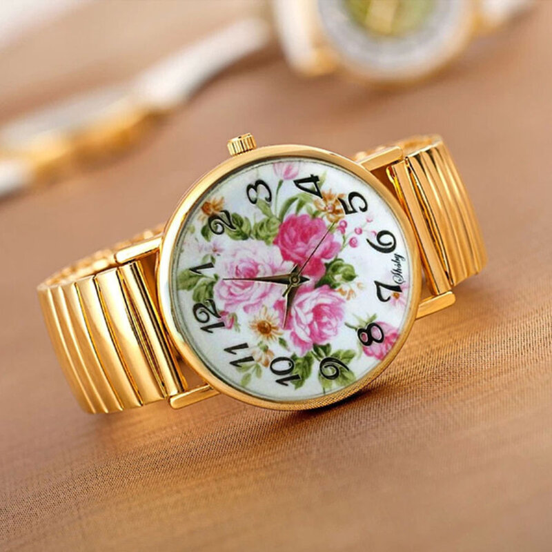 Shsby-女性用の伸縮性のあるステンレス鋼の時計,カジュアルなゴールドの腕時計,明るい色の花,女の子用,新しいコレクション