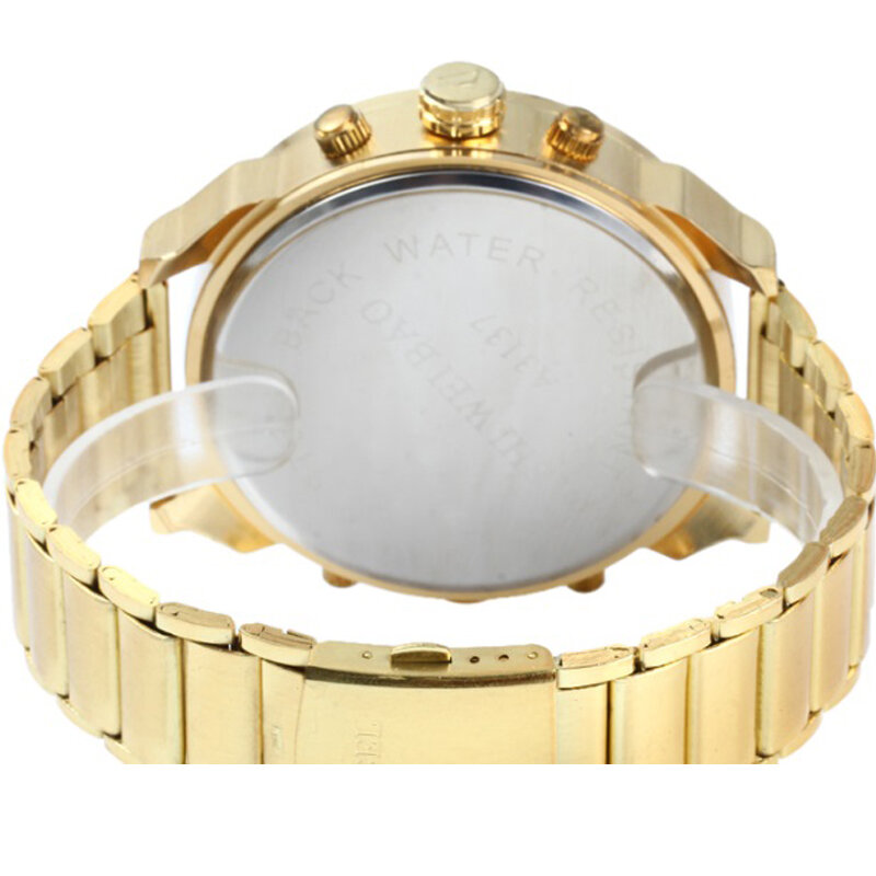 Relógio de quartzo de aço dourado masculino, relógios grandes, pulseira de luxo, fuso horário duplo, relógio militar, relógio casual