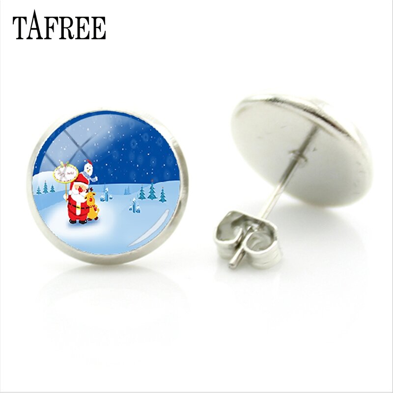 TAFREE Winter Cute Snowman Picture Glass Cabochon Stud Earring Christmas Santa Claus Earrings Women Jewelry Christmas Gift J149