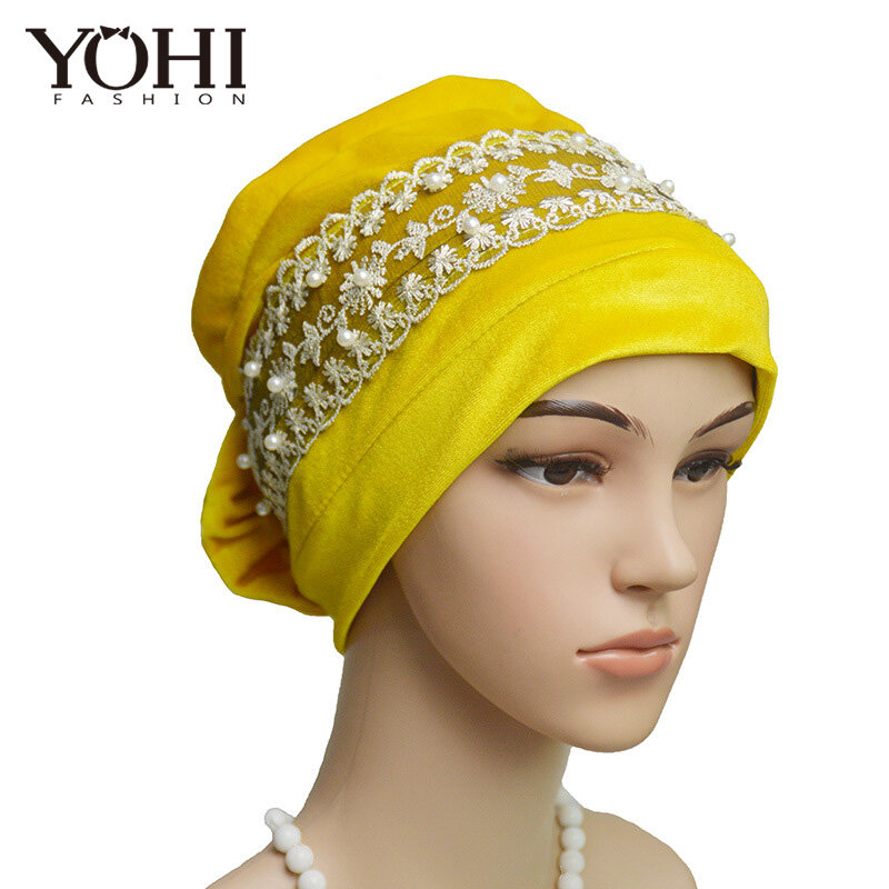 2018 ใหม่แฟชั่นกำมะหยี่ลูกไม้ไข่มุกหมวก Baotou หมวกสุภาพสตรีหมวก Cap ผู้หญิง Hijab turbante