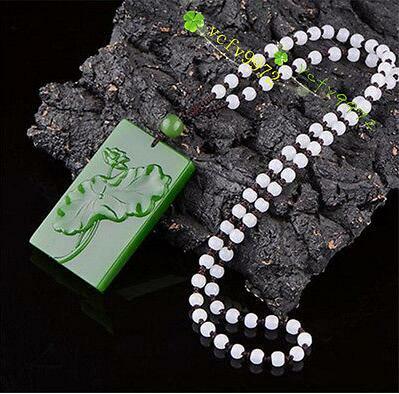 Fashion Natural Green Jadeite Lotus Pendant Necklace Hand-Carved Lucky Amulet Hot