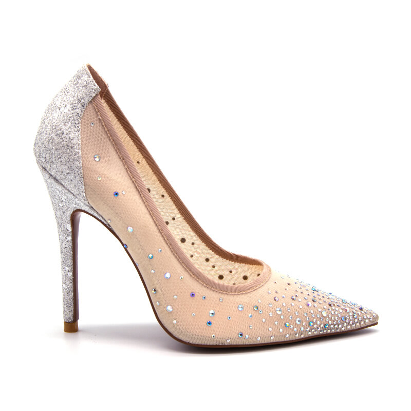 Vangull-zapatos de tacón alto transparentes para mujer, tacón de aguja de 11cm con diseño ostentoso, nuevo plata, para fiesta y boda, para verano