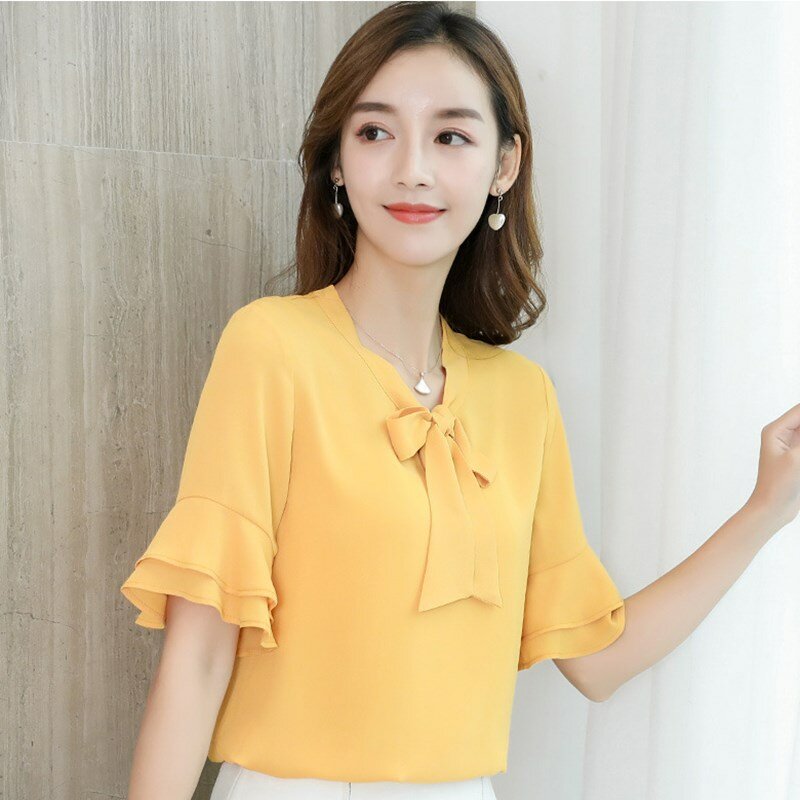 Женская шифоновая блузка с коротким рукавом, однотонная модная Облегающая рубашка в Корейском стиле для досуга, Простой Топ, H9100, весна-лето