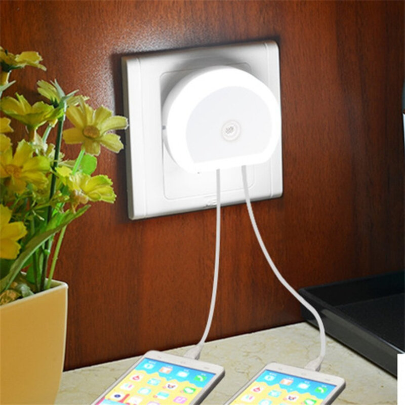ITimo LED lampka nocna z podwójnym portem USB 5V 1A kontrola czujnika światła pokój oświetlenie domu wtyczka kinkiet ue/gniazdo wtykowe usa lampa